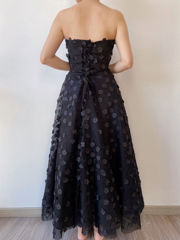 Floral Embroidery Tulle Off Shoulder Gown Dress - Black | VintageMist