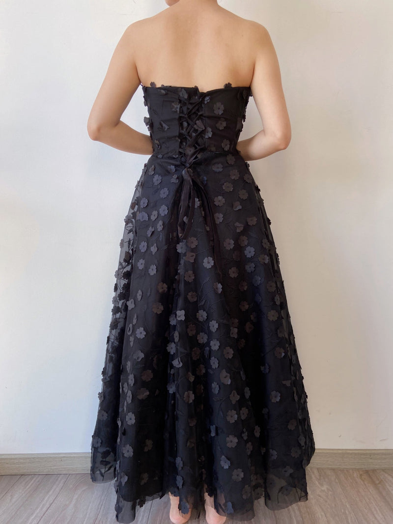 Floral Embroidery Tulle Off Shoulder Gown Dress - Black | VintageMist