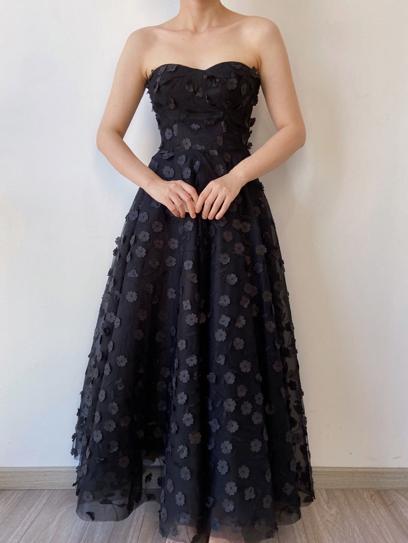 Floral Embroidery Tulle Off Shoulder Gown Dress - Black | VintageMist