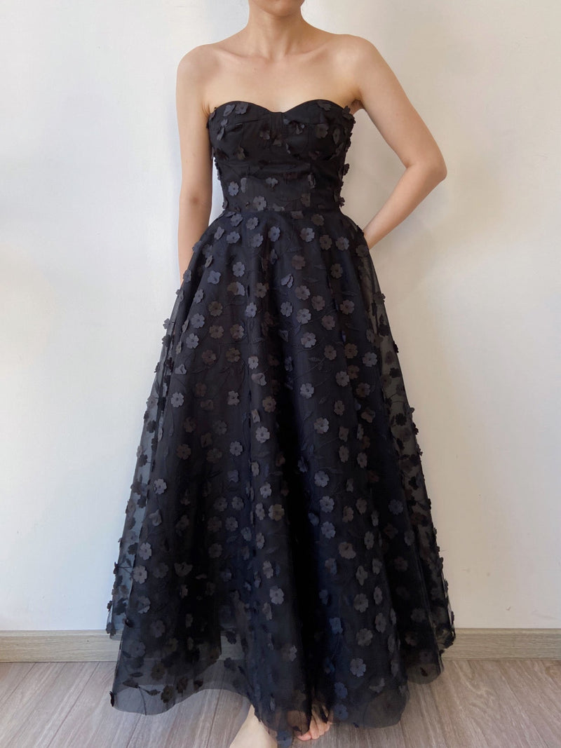 Floral Embroidery Tulle Off Shoulder Gown Dress - Black | VintageMist