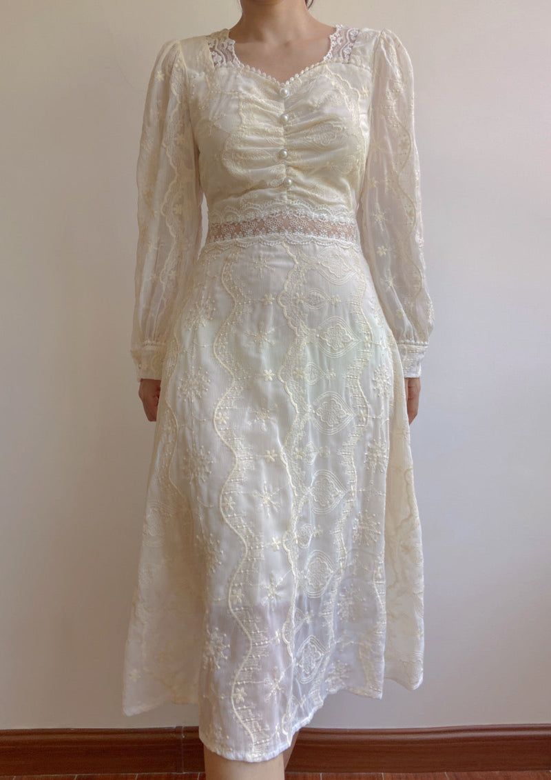 Floral Lace Embroidery Puff Sleeve Midi Dress | VintageMist