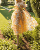 Floral Print Off Shoulder Puff Sleeve Midi Dress - Light Yellow | VintageMist