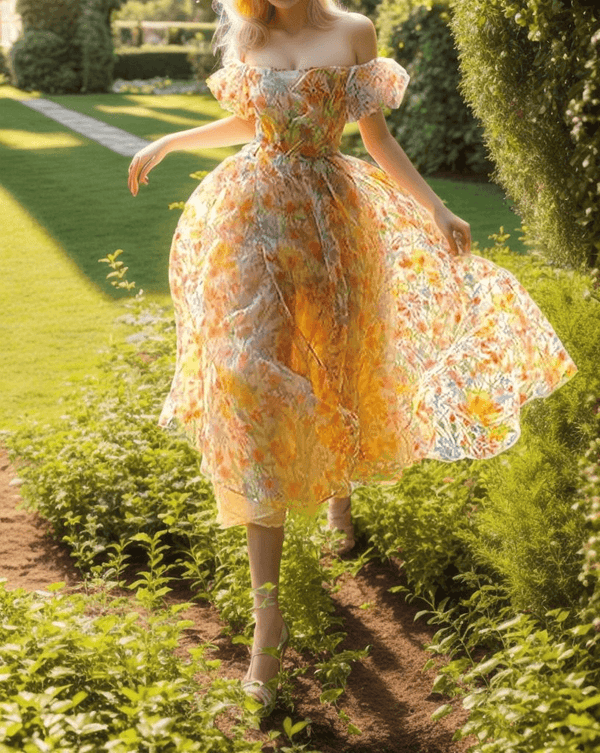 Floral Print Off Shoulder Puff Sleeve Midi Dress - Light Yellow | VintageMist