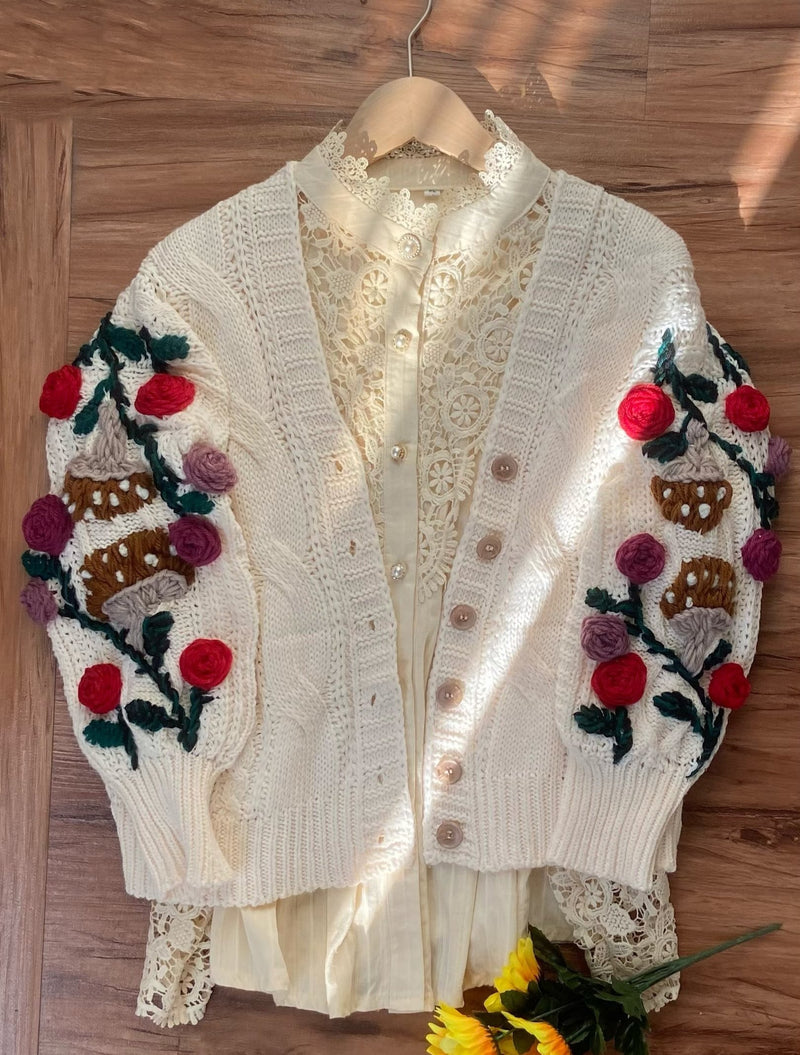 Hand Embroidery Rose Mushroom Crop Sweater Cardigan | VintageMist_