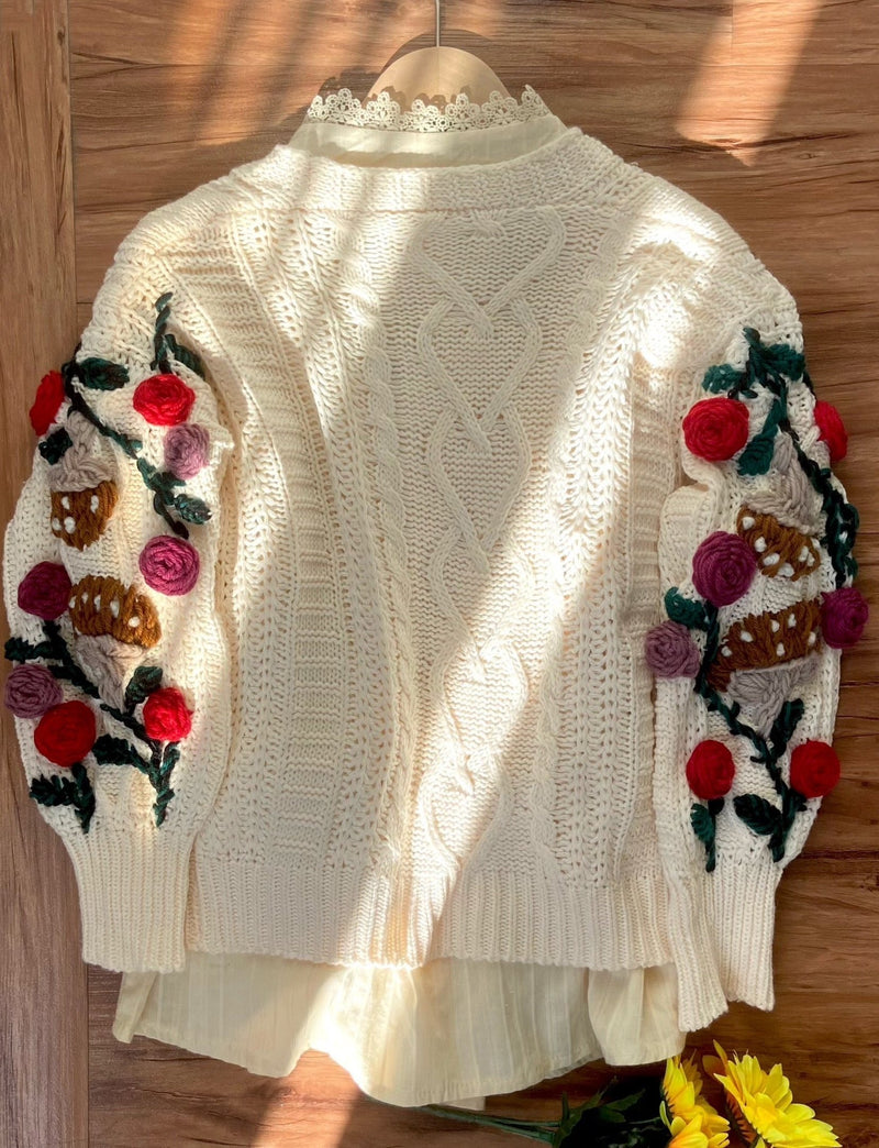 Cottagecore Hand Embroidery Rose Mushroom Crop Sweater Cardigan | Vintagemist.com