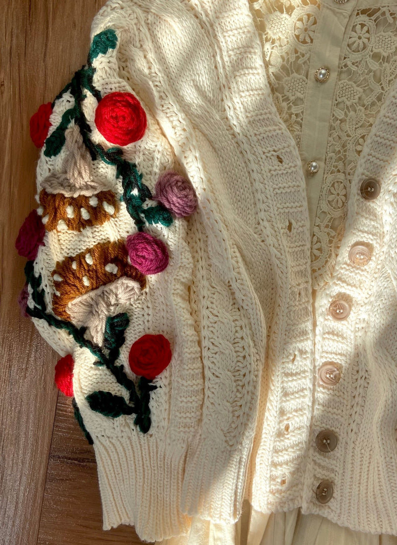 Hand Embroidery Rose Mushroom Crop Sweater Cardigan | VintageMist_