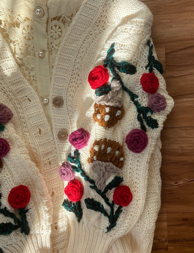 Cottagecore Hand Embroidery Rose Mushroom Crop Sweater Cardigan | Vintagemist.com