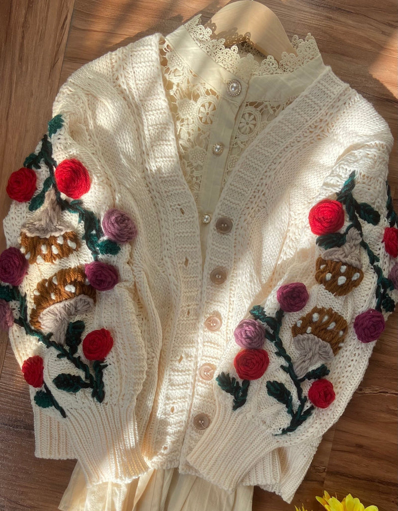 Hand Embroidery Rose Mushroom Crop Sweater Cardigan | VintageMist_