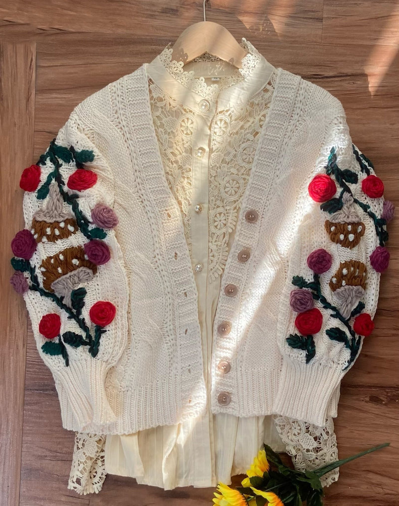 Cottagecore Hand Embroidery Rose Mushroom Crop Sweater Cardigan | Vintagemist.com
