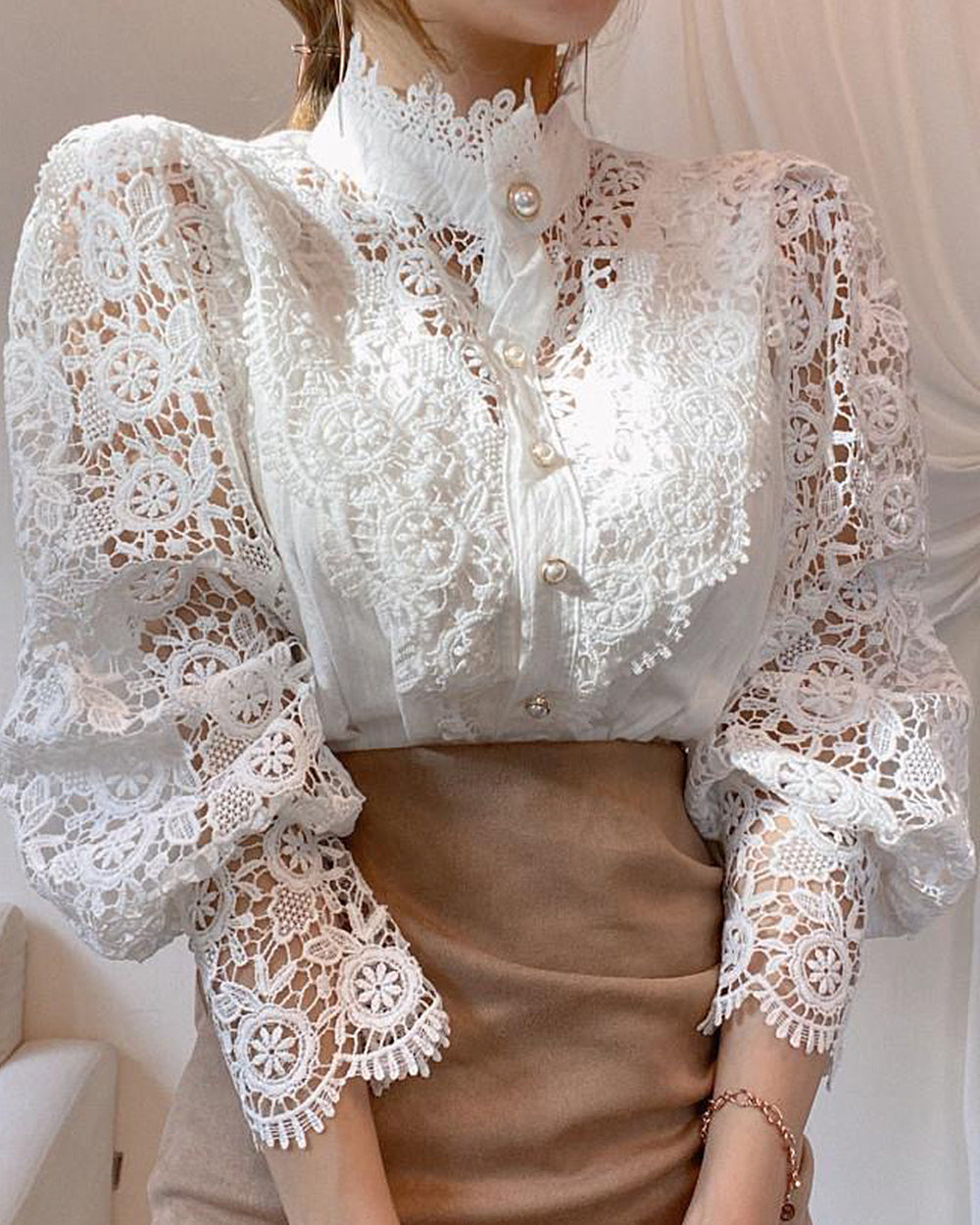 Lace Hollow Puff Long Sleeve Blouse VintageMist