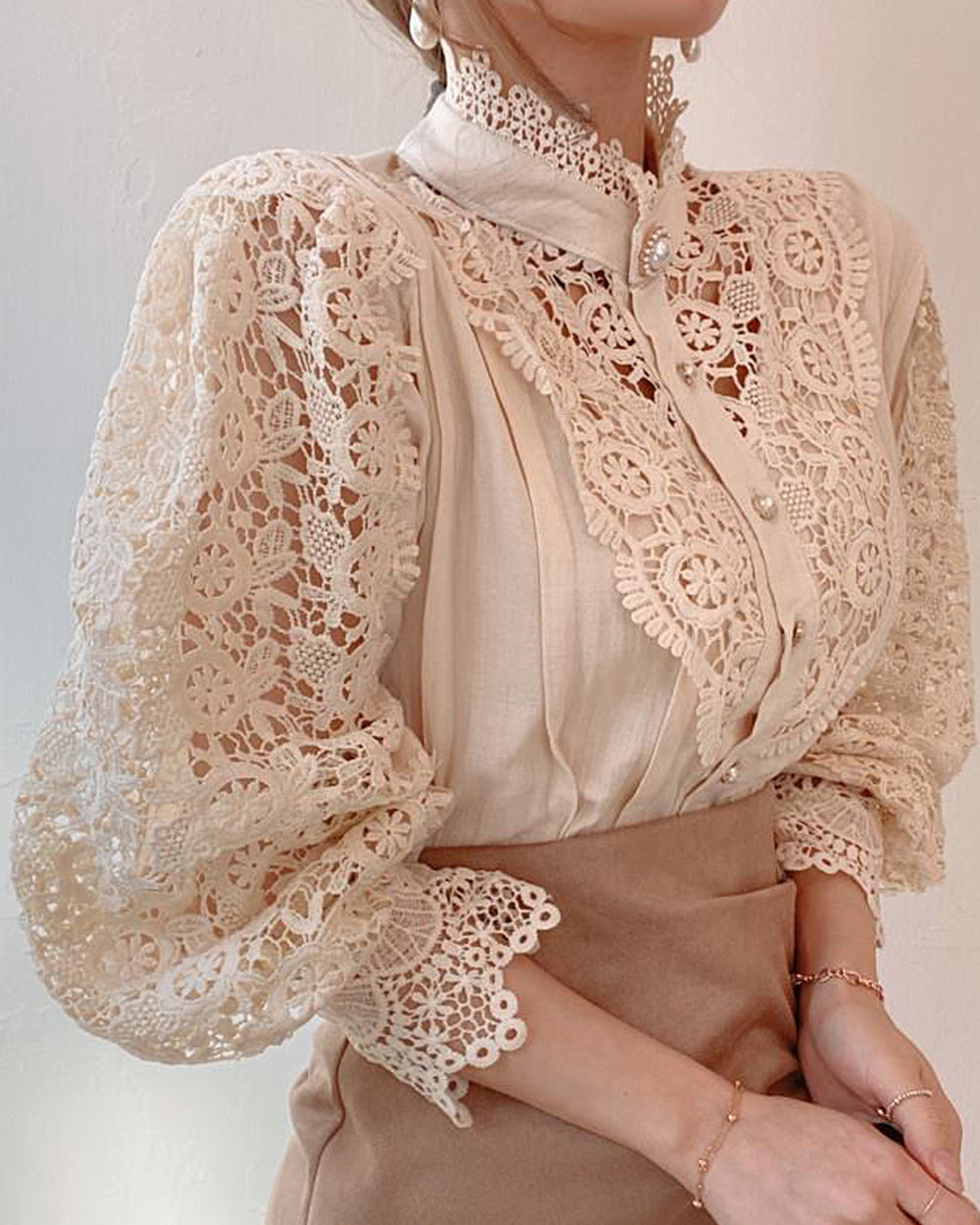 Lace Hollow Puff Long Sleeve Blouse | VintageMist