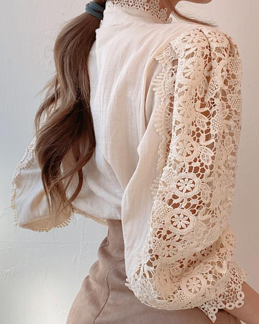 Lace Hollow Puff Long Sleeve Blouse | VintageMist