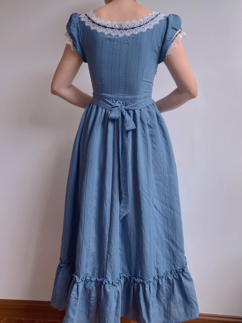Puff Sleeves Lace Midi Dress - Blue | VintageMist
