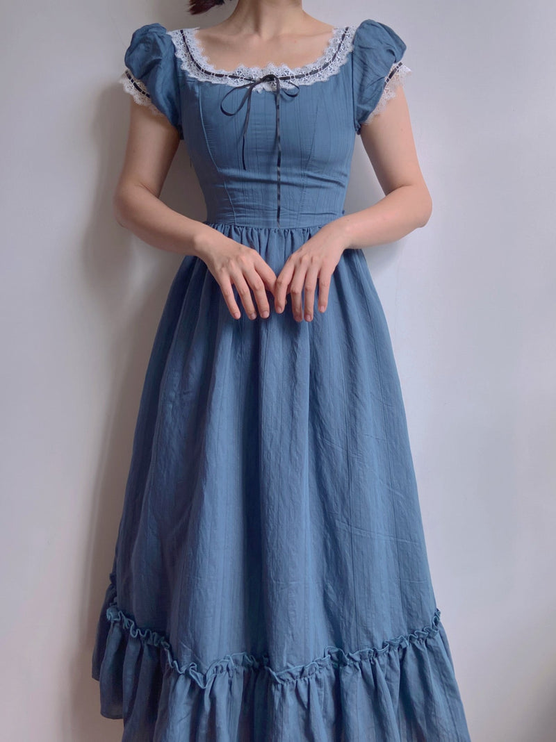 Puff Sleeves Lace Midi Dress - Blue | VintageMist