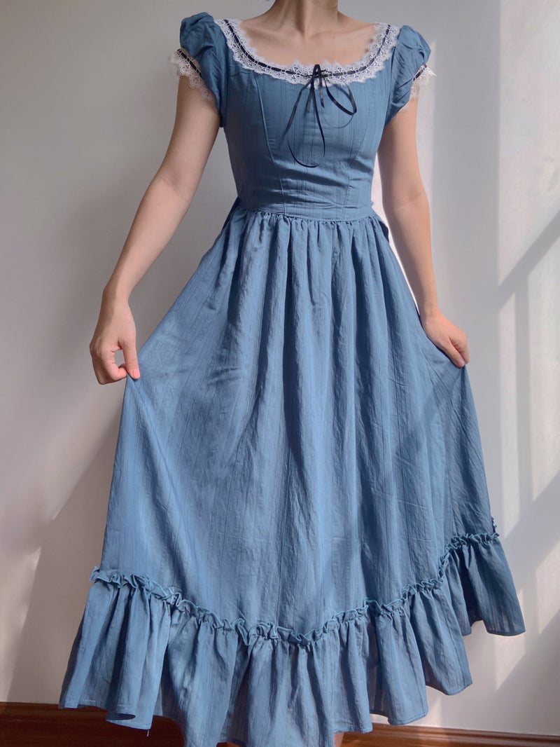 Puff Sleeves Lace Midi Dress - Blue | VintageMist