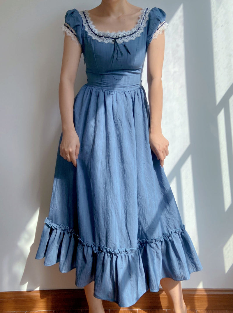 Puff Sleeves Lace Midi Dress - Blue | VintageMist