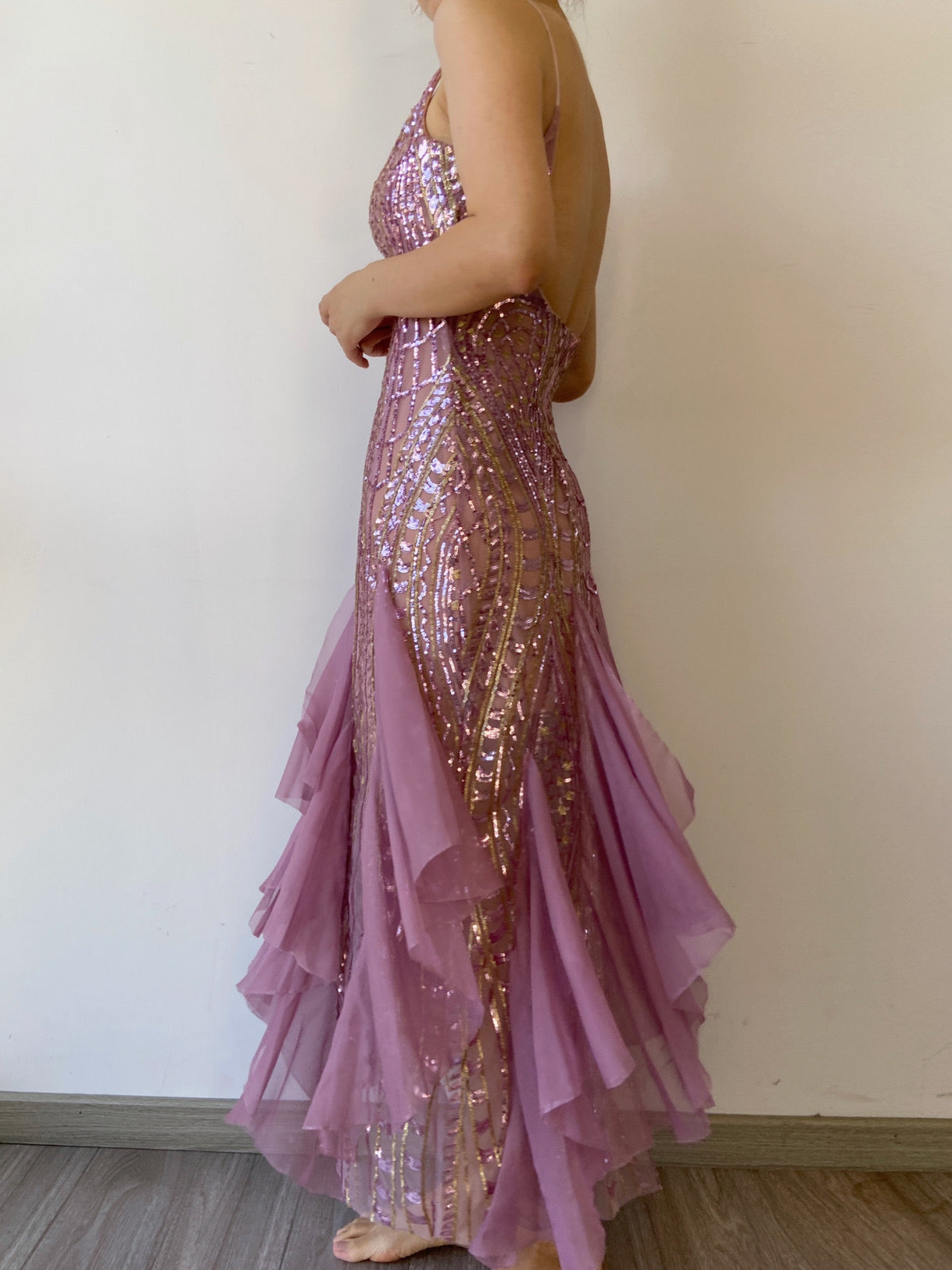 Sequin Ruffles Backless Bodycon Dress - Purple | VintageMist_