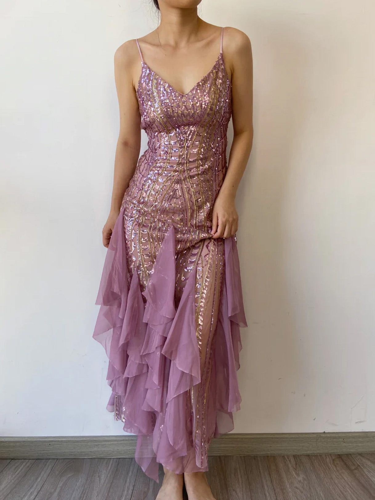 Sequin Ruffles Backless Bodycon Dress - Purple | VintageMist_