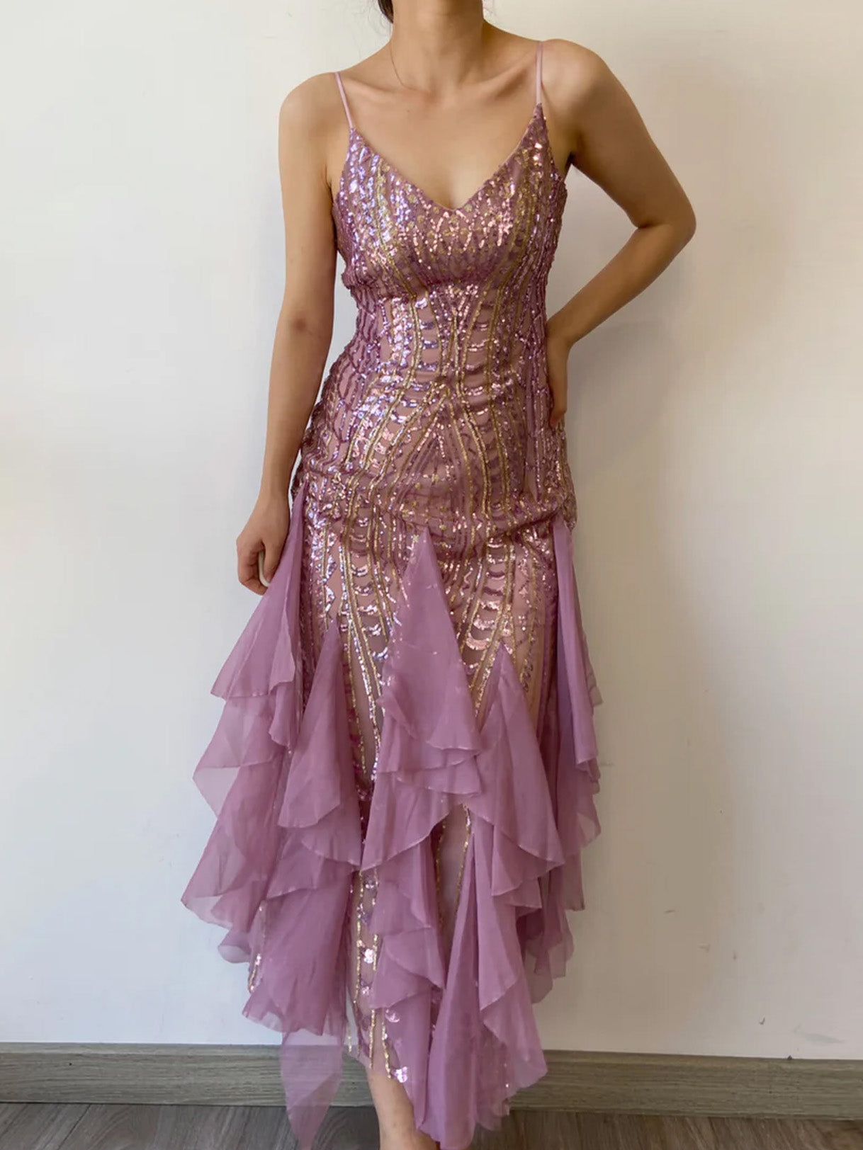 Sequin Ruffles Backless Bodycon Dress - Purple | VintageMist_