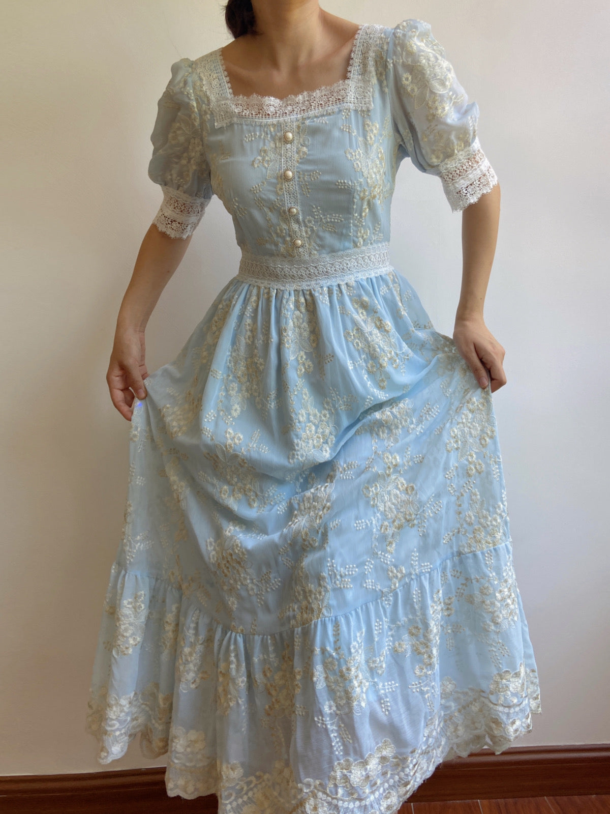 Square Neck Half Sleeve Lace Flower Dress | VintageMist_