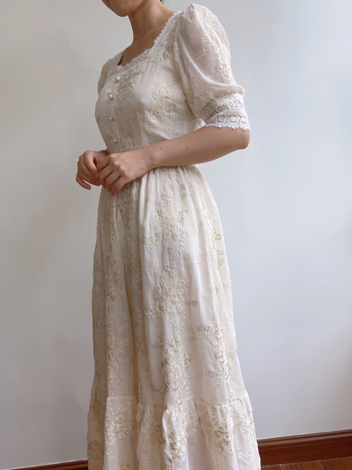 Square Neck Half Sleeve Lace Flower Dress | VintageMist_