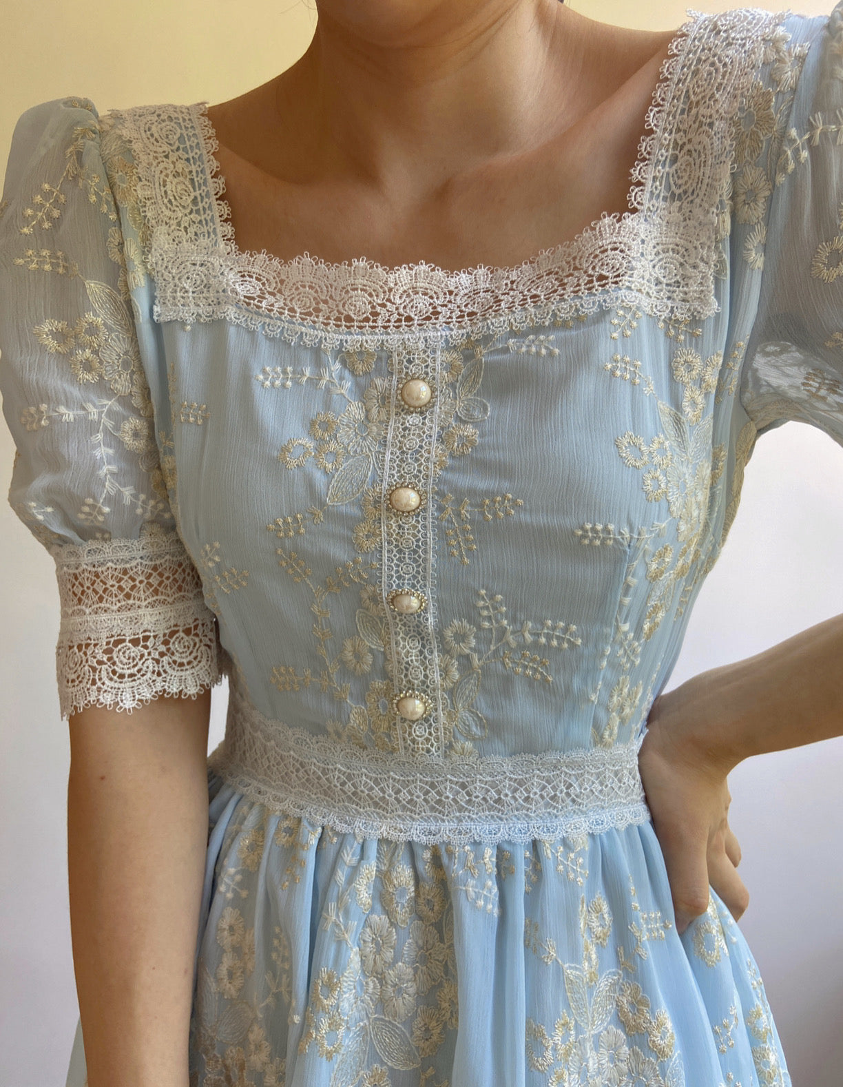 Square Neck Half Sleeve Lace Flower Dress | VintageMist_