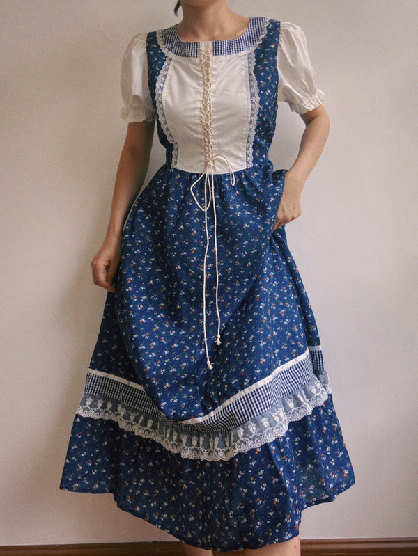 Cottagecore Floral Lace Midi Dress - Blue | VintageMist