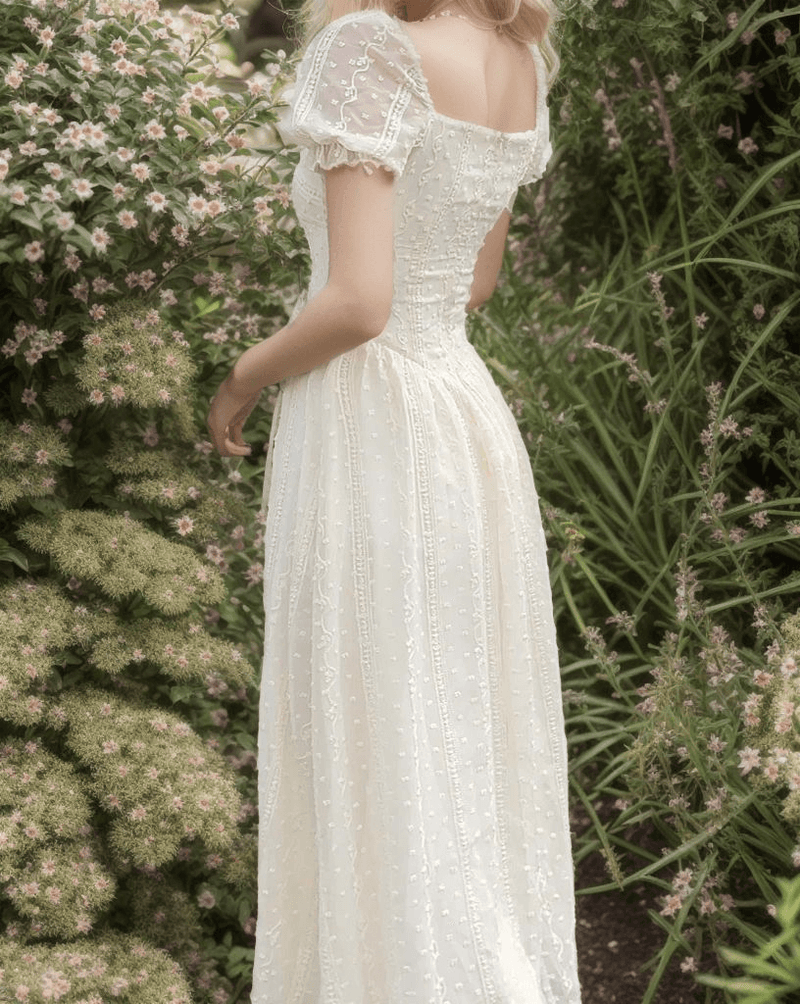 Lace Flower Square Neck Backless Corset Dress - Ivory | VintageMist