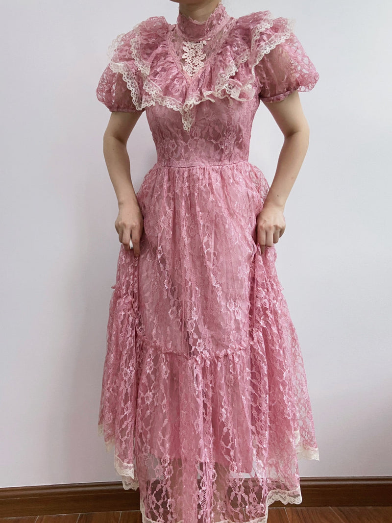 Vintage Mist Floral Lace Trim Strap Midi Dress - Pink