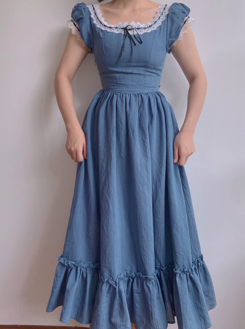 Puff Sleeves Lace Midi Dress - Blue | VintageMist