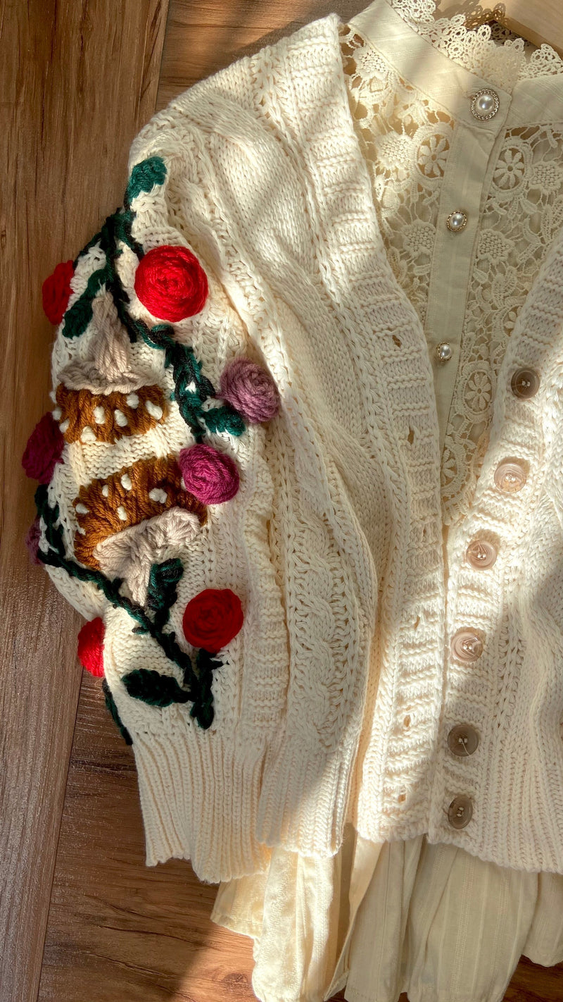 Cottagecore Hand Embroidery Rose Mushroom Crop Sweater Cardigan | Vintagemist.com