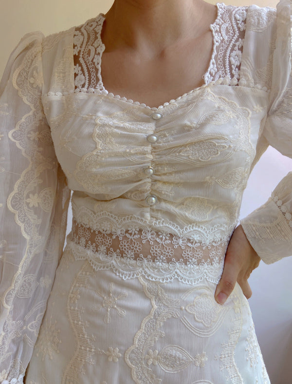 Floral Lace Embroidery Puff Sleeve Midi Dress | VintageMist