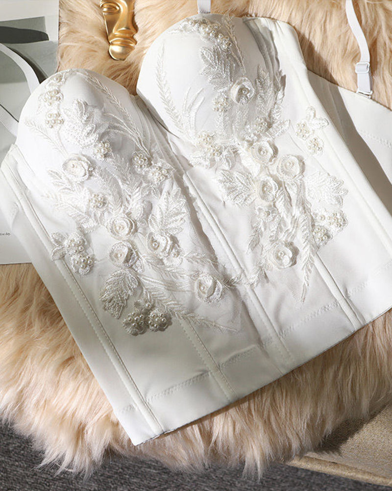 Floral Embroidered Corset Top - White | VintageMist