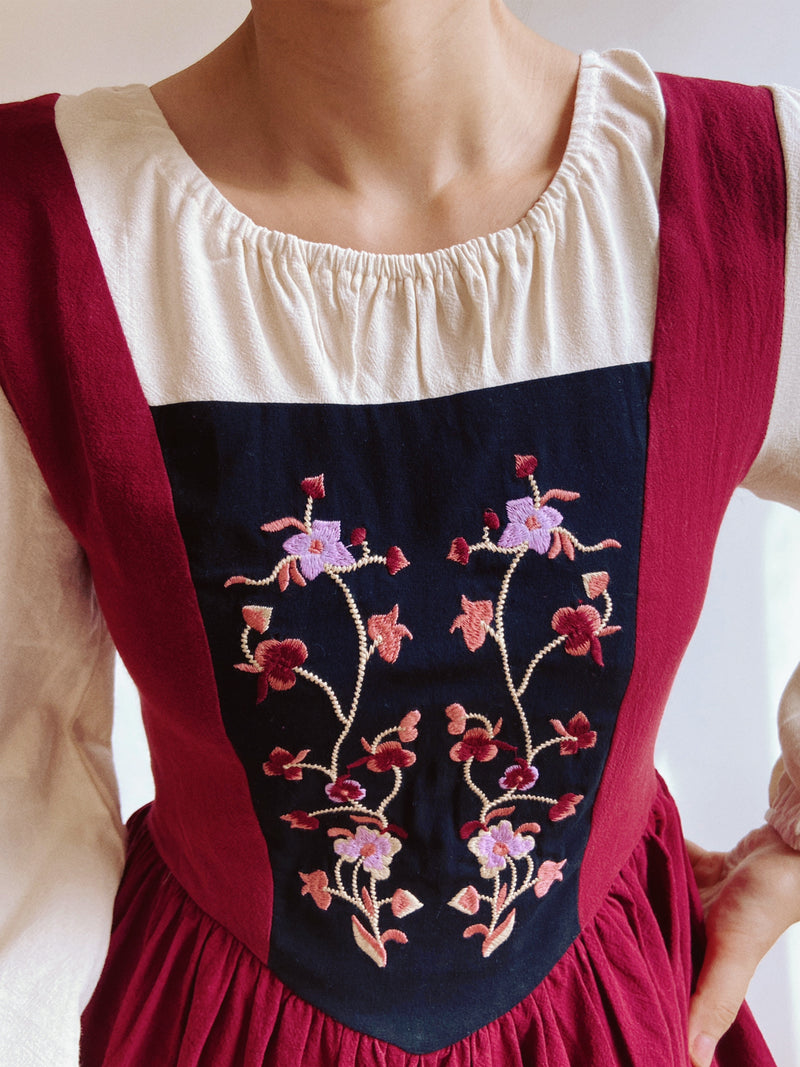 Floral Embroidery Mesh Color Block Midi Dress - Red | Vintage Mist