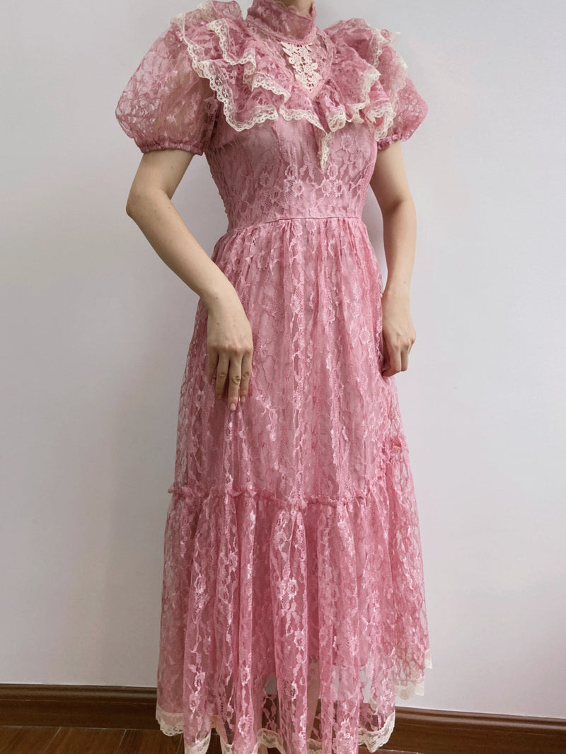 Vintage Mist Floral Lace Trim Strap Midi Dress - Pink